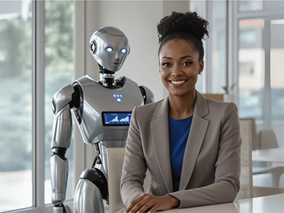 Eine KI-Studentin sitzt an einem Tisch und hinter ihr steht ein Roboter.  