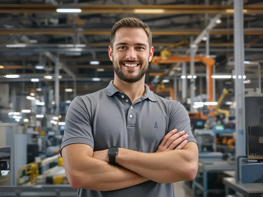 Ein Maschinenbau-Student im Master steht mit verschränkzen Armen in einer Produktionshalle