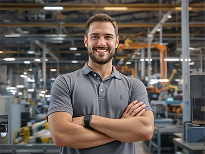 Ein Maschinenbau-Student im Master steht mit verschränkzen Armen in einer Produktionshalle