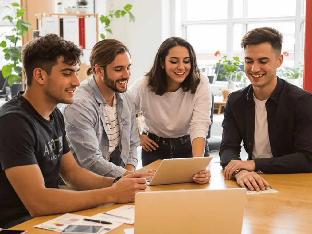 Eine Gruppe von Studierenden arbeitet zusammen an einem Projekt. 