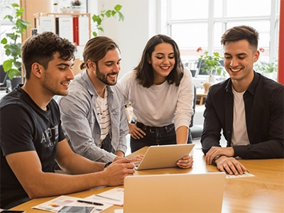 Eine Gruppe von Studierenden arbeitet zusammen an einem Projekt. 