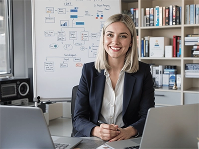 Eine Wirtschaftsinformatik-Studentin sitzt am Schreibtisch und arbeitet an ihrem Laptop.
