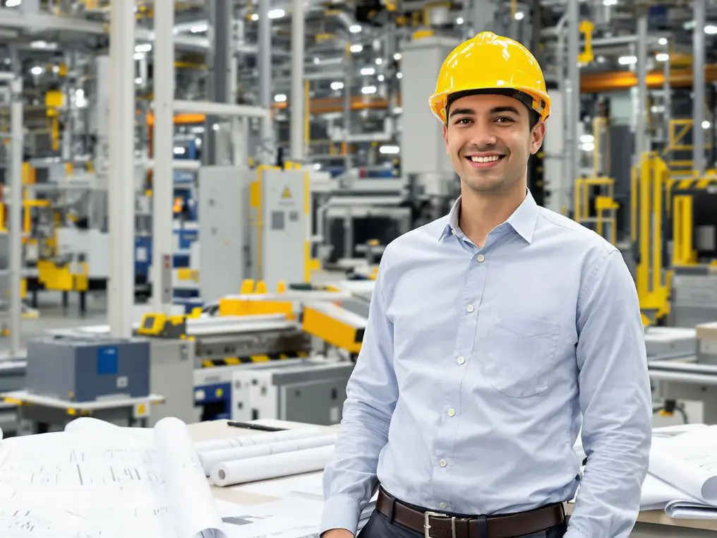 Ein Wirtschaftsingenieurwesen-Student mit Bauhelm und Hemd steht in einer Produktionshalle.