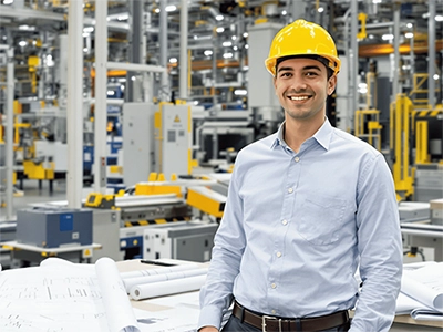 Ein Wirtschaftsingenieurwesen-Student mit Bauhelm und Hemd steht in einer Produktionshalle.