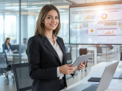 Eine Studentin steht in einem Büro und hält ein Tablet in der Hand.  