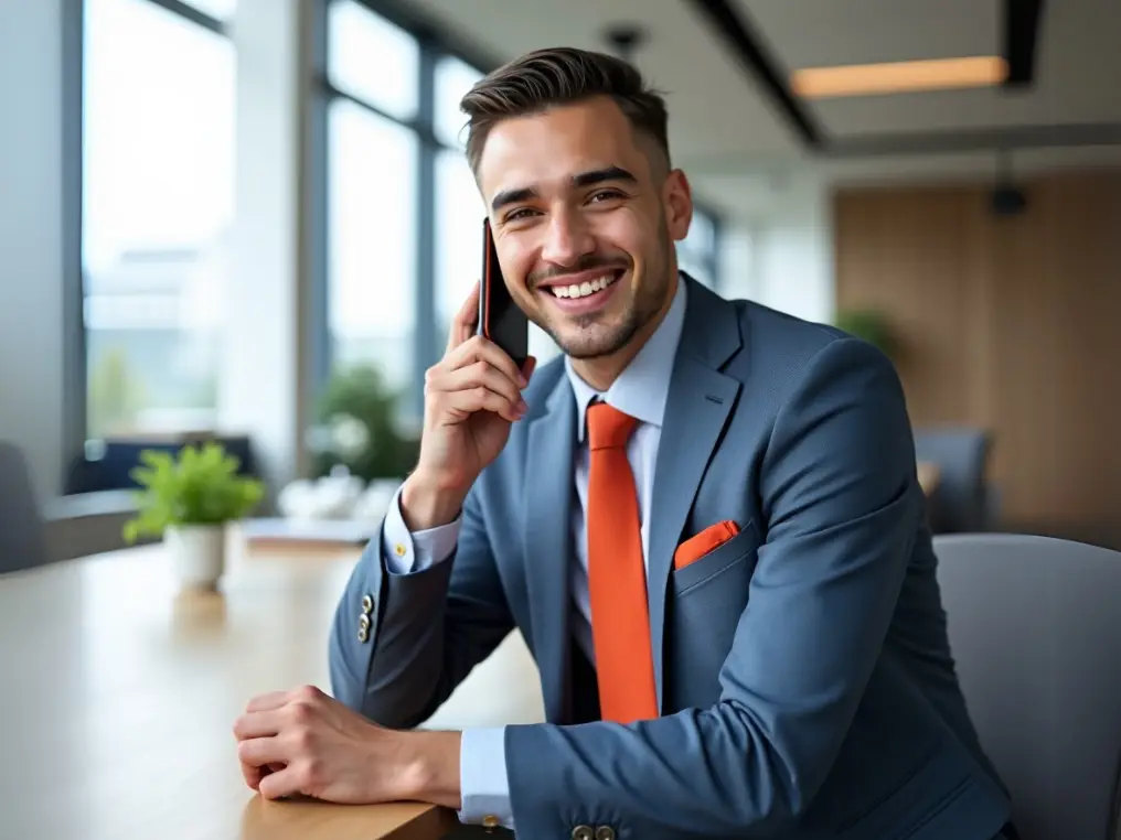 Ein General Management-Student sitzt im Aufenthaltsraum und telefoniert. 