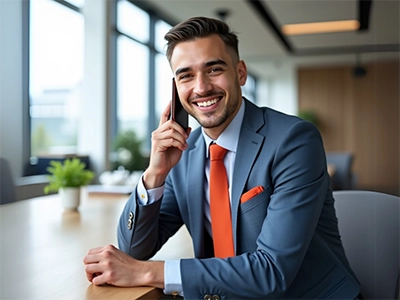 Ein General Management-Student sitzt im Aufenthaltsraum und telefoniert. 