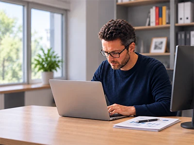 Zwei Lernende arbeiten gemeinsam am Laptop.