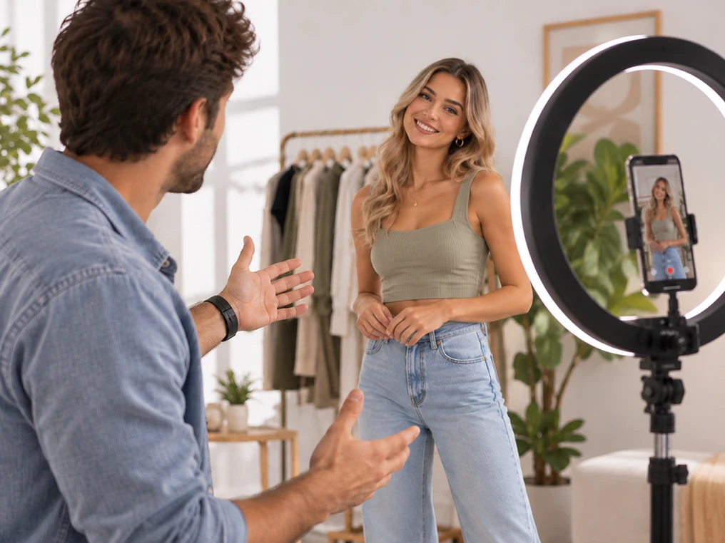 Marketingmanager leitet eine Produktaufnahme mit Ringlicht.