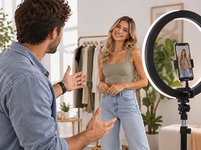 Marketingmanager leitet eine Produktaufnahme mit Ringlicht.