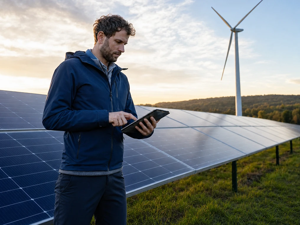 Techniker erfasst Daten am Tablet vor Solarmodulen und einem Windrad.