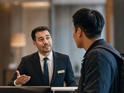 Rezeptionist berät einen Gast an der Hotelrezeption.