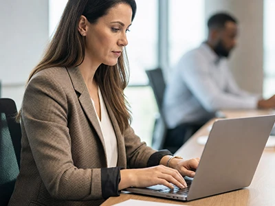 Mitarbeiterin schreibt am Laptop im Besprechungsraum.