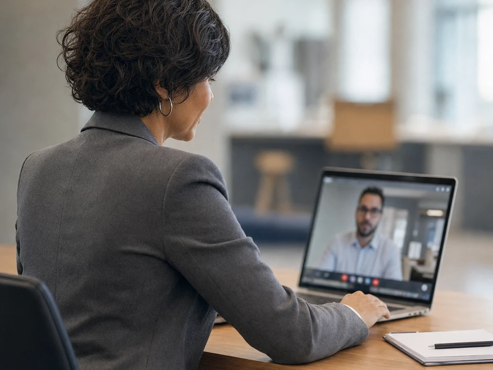 Mitarbeiterin führt ein Videogespräch am Laptop.