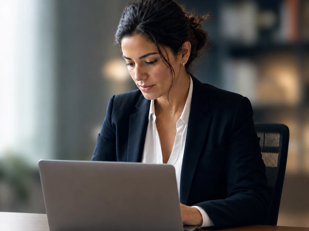 Mitarbeiterin arbeitet konzentriert am Laptop.