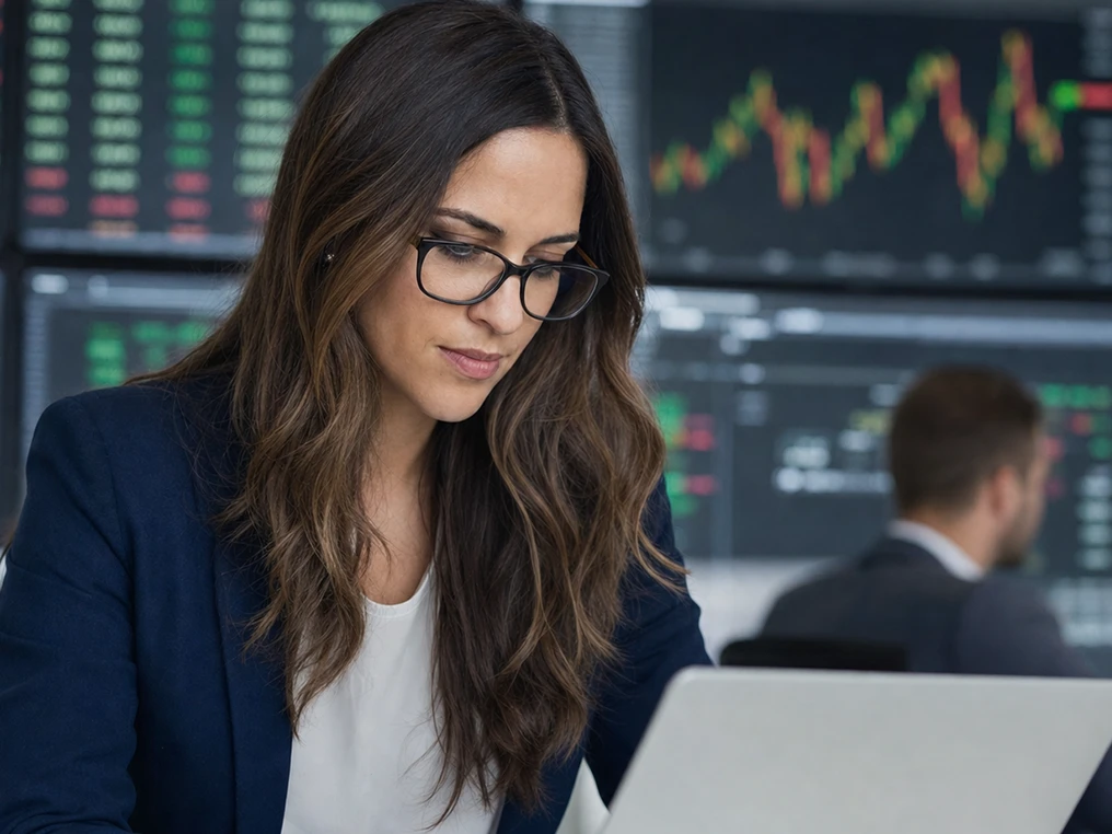 Finanzanalystin arbeitet am Laptop vor Börsenkursen.