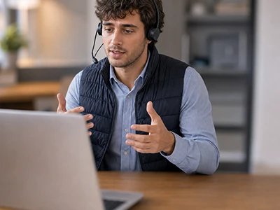 Mitarbeiter führt mit Headset ein Videogespräch am Laptop.
