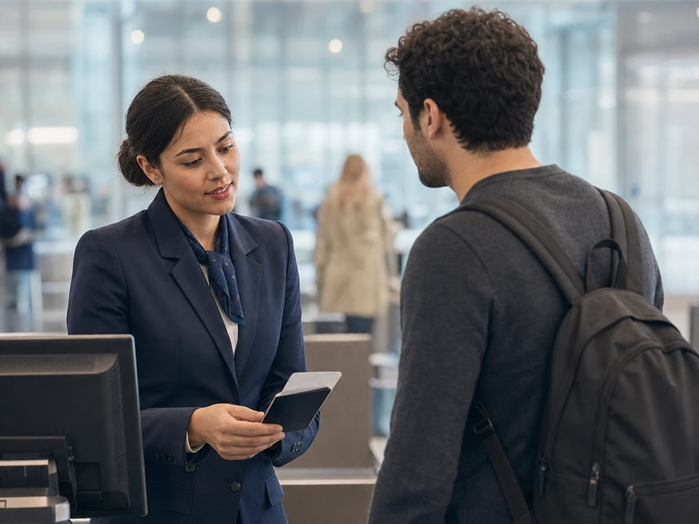 Mitarbeiterin am Check-in-Schalter prüft die Reisedokumente eines Fluggasts.