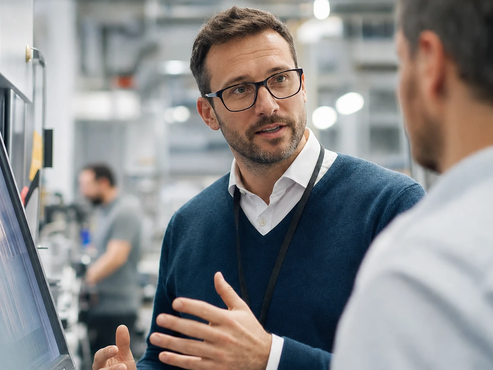 Technischer Betriebswirt erklärt einem Kollegen eine Maschinensteuerung.