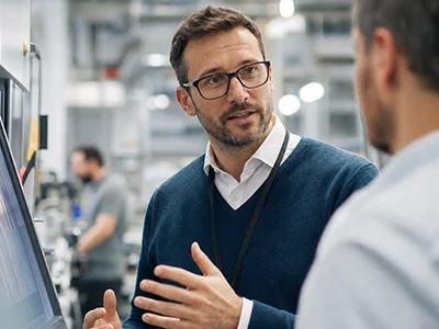 Technischer Betriebswirt erklärt einem Kollegen eine Maschinensteuerung.