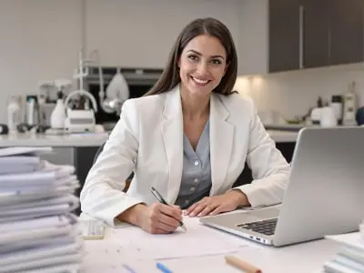 Eine lächelnde Frau arbeitet konzentriert an einem Laptop in einem Laborumfeld.