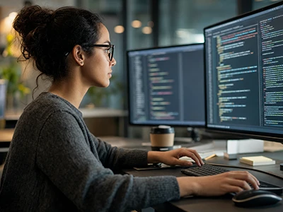 Entwicklerin programmiert an zwei Bildschirmen im Büro.