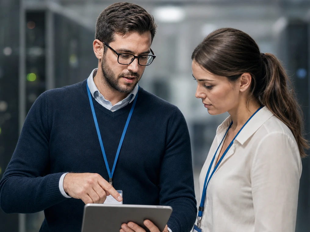 IT-Managerin und Kollege prüfen im Serverraum Daten auf einem Tablet.