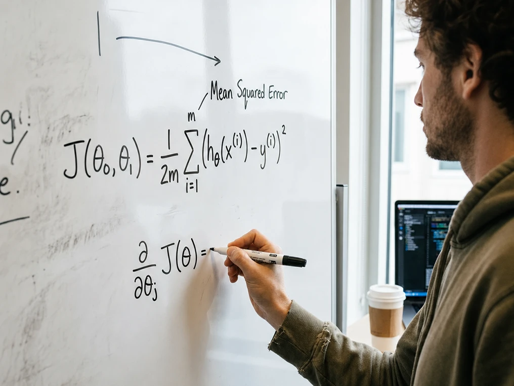 Dozent schreibt eine mathematische Formel an ein Whiteboard.