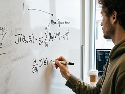 Dozent schreibt eine mathematische Formel an ein Whiteboard.