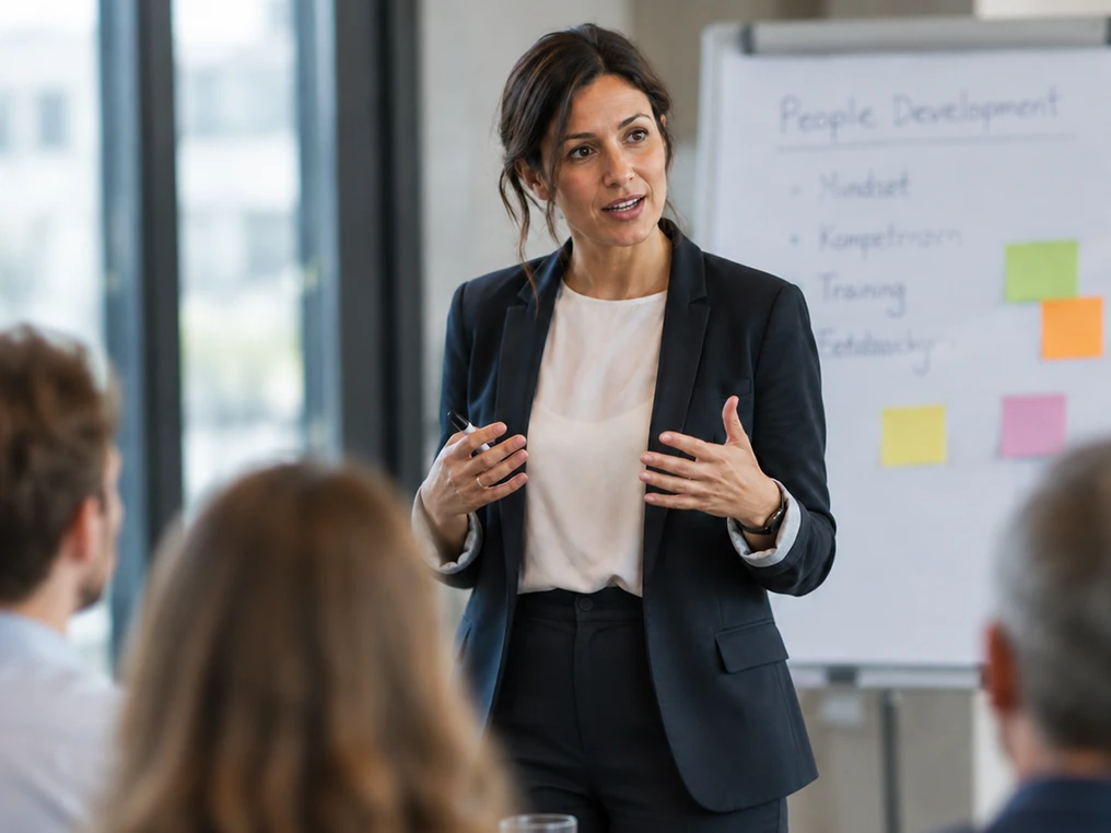 Personalentwicklerin stellt ein Entwicklungsprogramm am Flipchart vor.