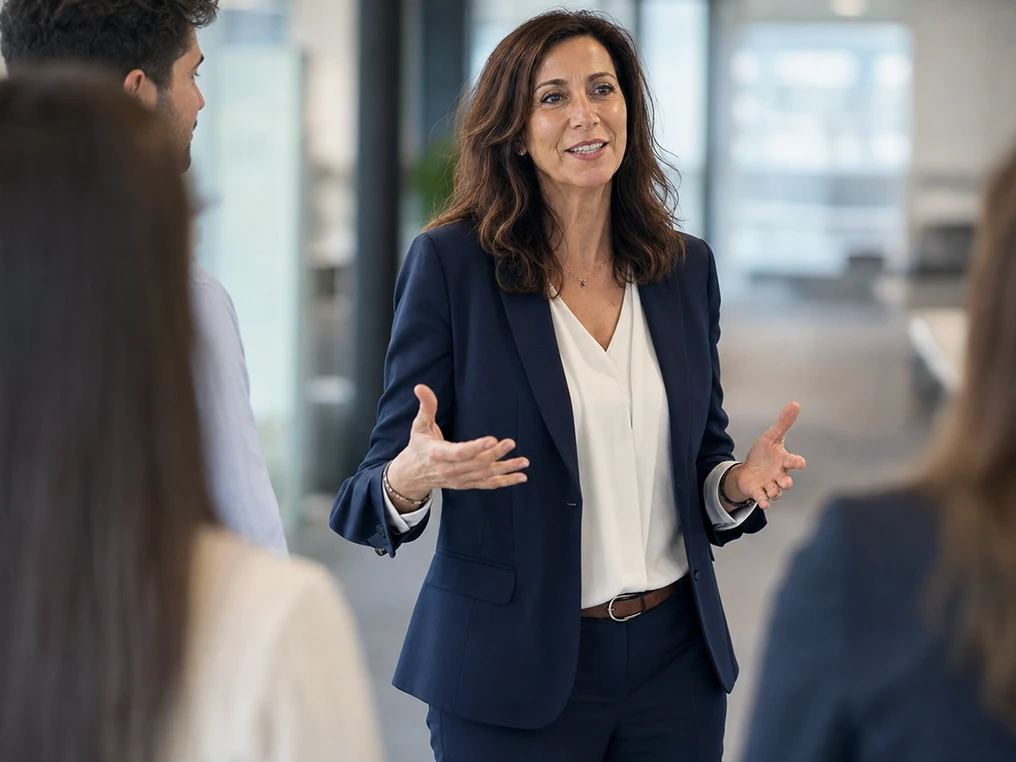 Personalmanagerin im Gespräch mit mehreren Mitarbeitenden.