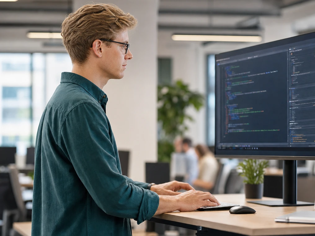 Entwickler programmiert am Stehschreibtisch im Großraumbüro.