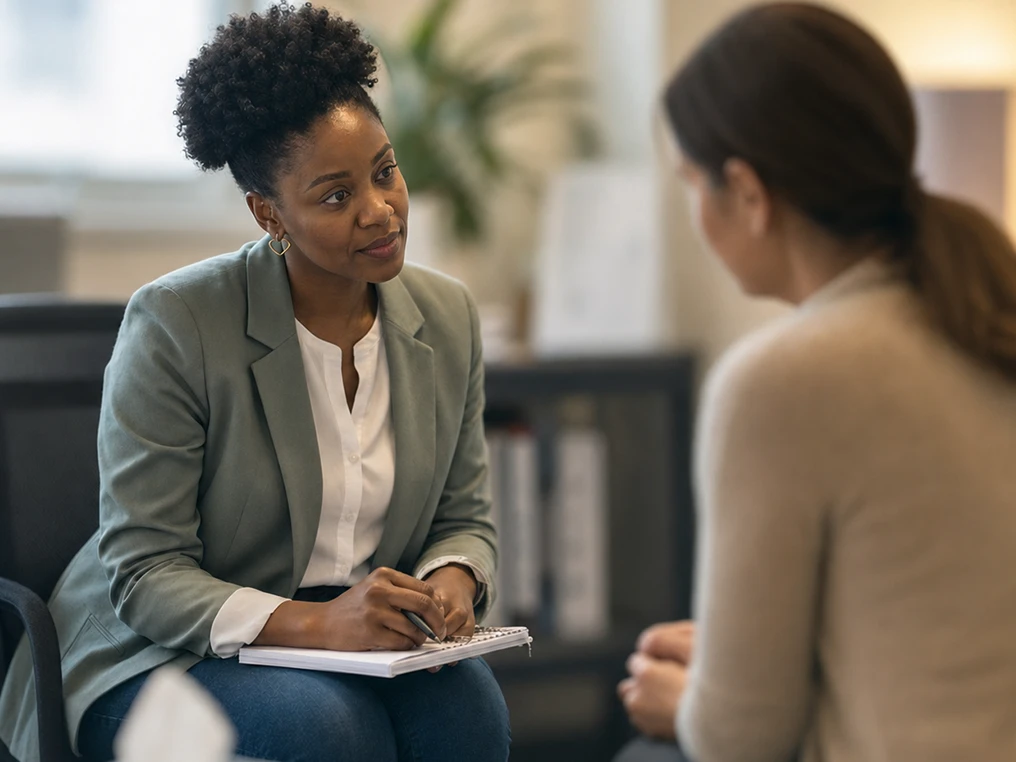 Psychologische Ersthelferin führt ein stützendes Gespräch.
