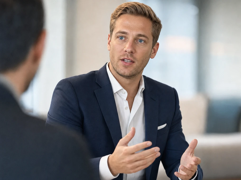 Vertriebsmitarbeiter im Kundengespräch am Besprechungstisch.