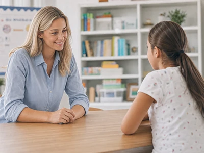 Schulbegleiterin im Gespräch mit einem Schulkind im Klassenzimmer.