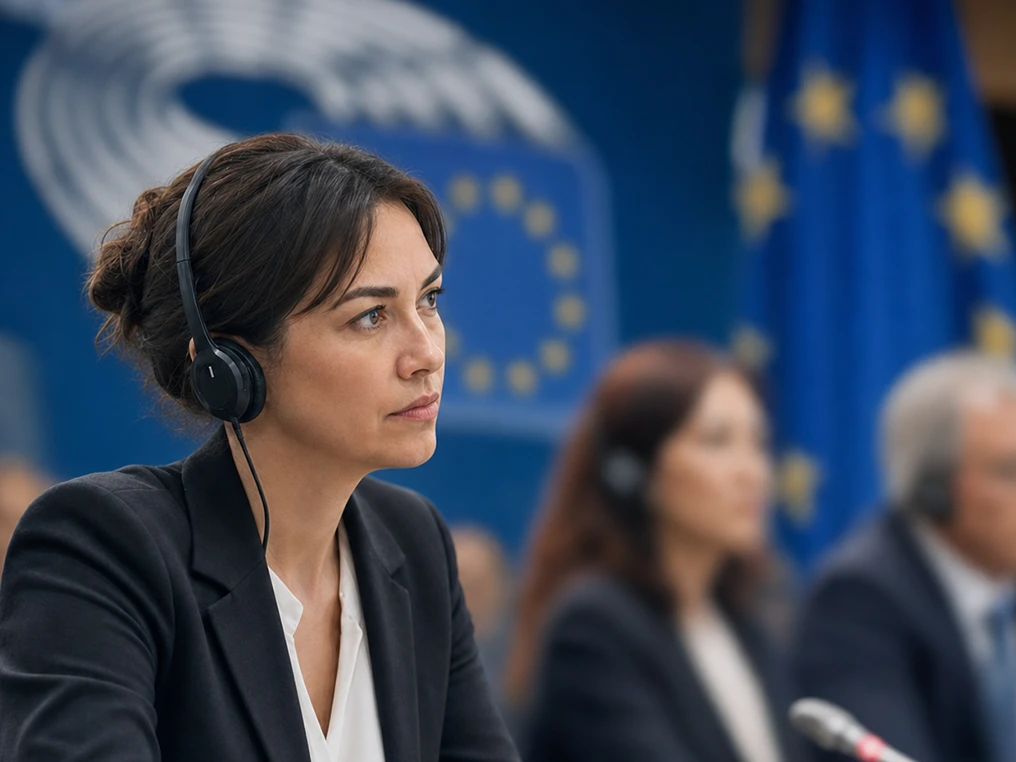 Dolmetscherin verfolgt mit Kopfhörern eine Sitzung im Parlament.