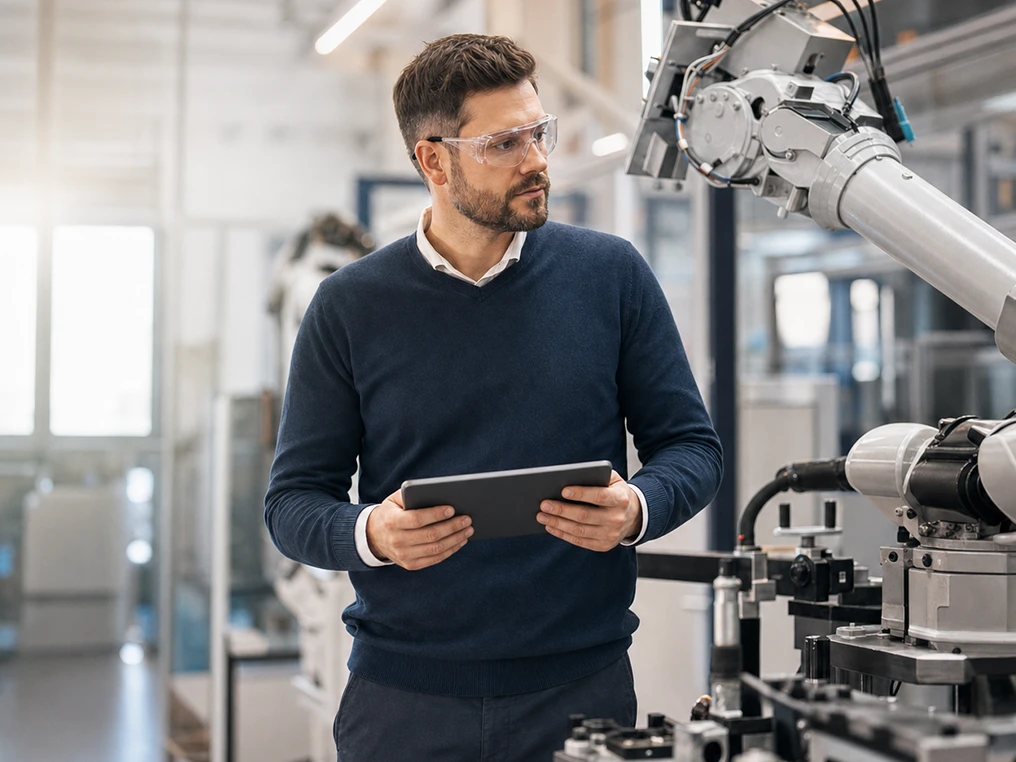 Techniker prüft mit einem Tablet einen Roboterarm in der Fertigung.