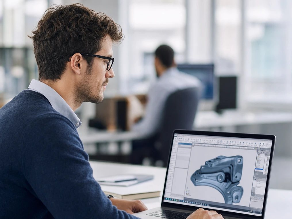 Konstrukteur bearbeitet ein 3D-CAD-Modell am Laptop.