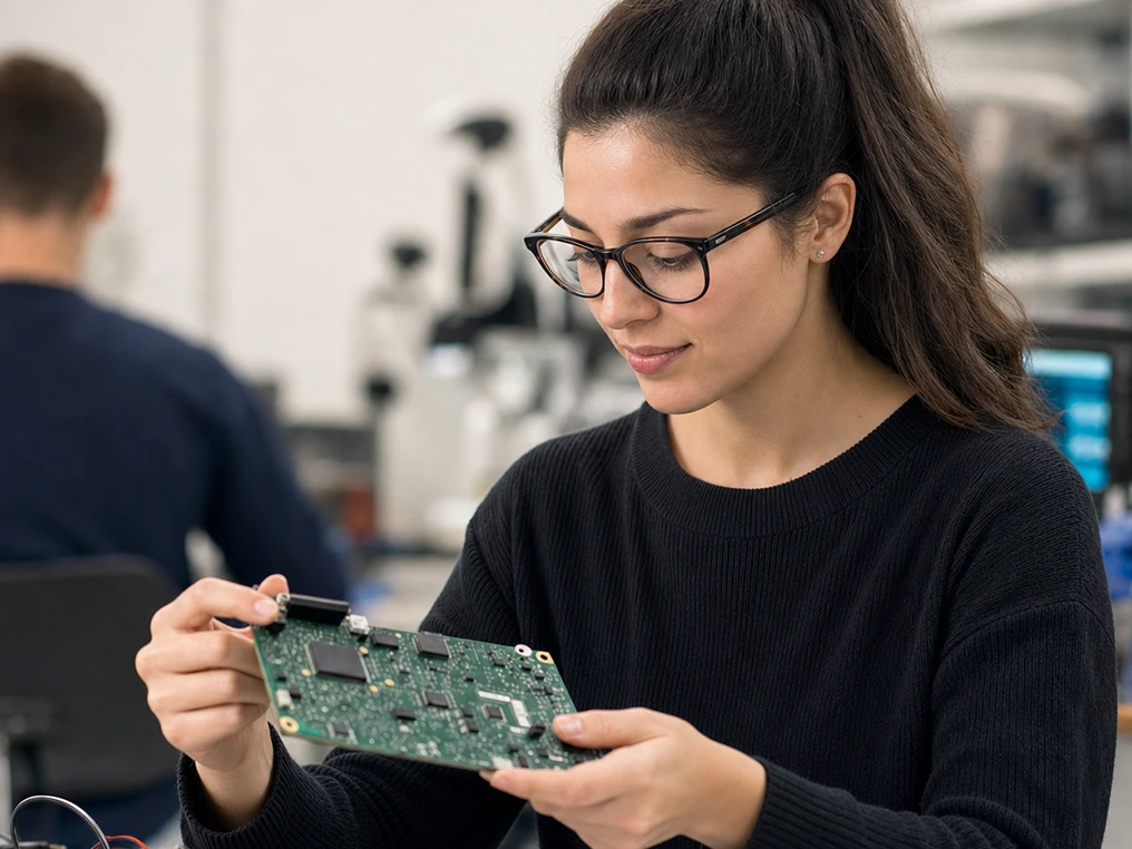 Entwicklerin prüft eine Leiterplatte im Elektroniklabor.