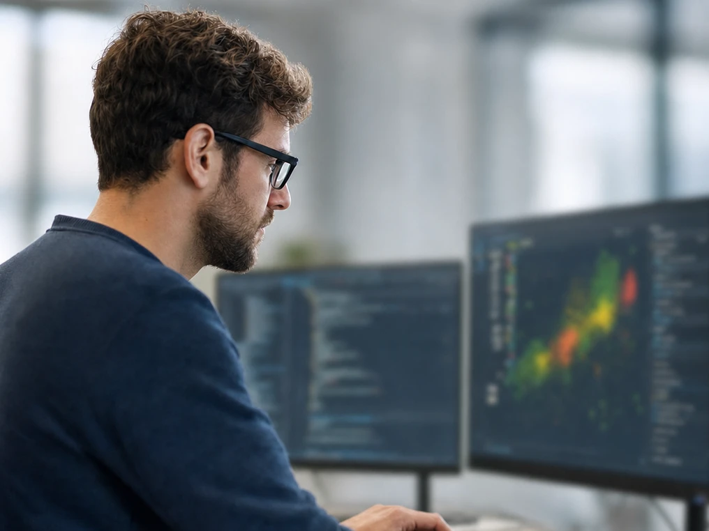 Data Scientist analysiert Produktionsdaten an mehreren Bildschirmen.