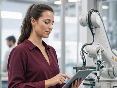 Ingenieurin steuert über ein Tablet einen Industrieroboter.