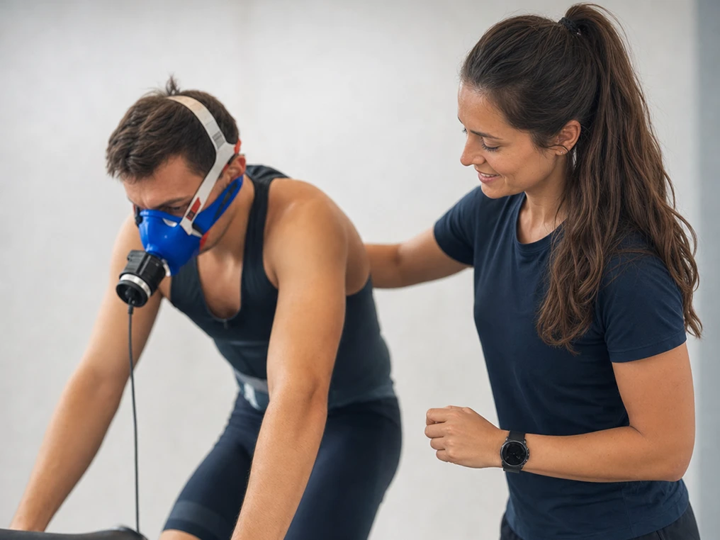 Trainingswissenschaftlerin begleitet eine Leistungsdiagnostik am Ergometer.