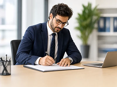 Übersetzer bearbeitet ein Dokument am Schreibtisch.