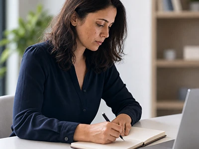 Übersetzerin überträgt einen Text und macht Notizen am Laptop.