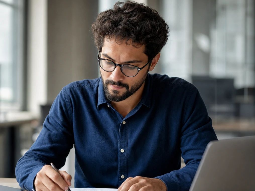 Analyst wertet eine Statistik-Auswertung auf Papier aus.