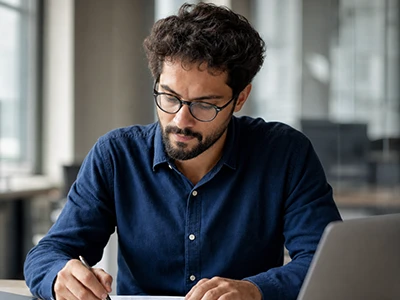 Analyst wertet eine Statistik-Auswertung auf Papier aus.