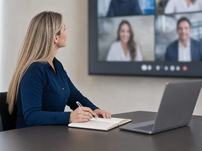 Managerin nimmt an einer internationalen Videokonferenz teil.