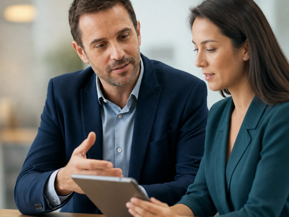 Talentmanager bespricht mit einer Kollegin Unterlagen auf dem Tablet.
