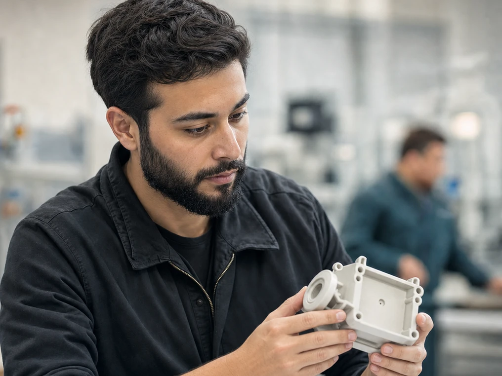 Entwickler begutachtet ein Bauteil neben technischen Zeichnungen.