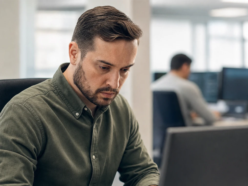 Mitarbeiter arbeitet konzentriert am Laptop im Großraumbüro.